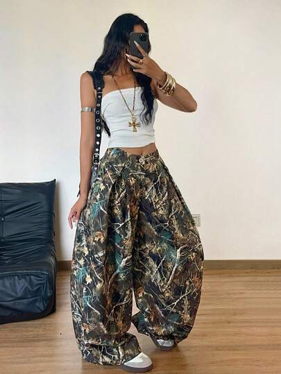 Coolane Women's Summer Vintage Casual Hippie Street Oversized Army Green Pants Y2k Festival Y2k