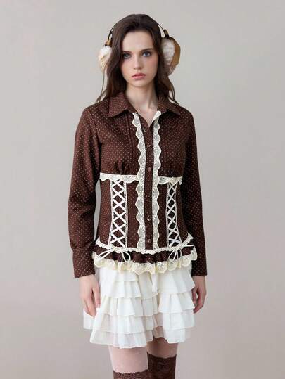 ROMWE Avant Vintage Polka Dot Contrast Lace Trim Single-Breasted Blouse For Women, Nature Style