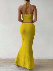 Chiquease 一套纯色扭结露背吊带上衣和半裙，优雅两件套 - 薑色 - 查看 2