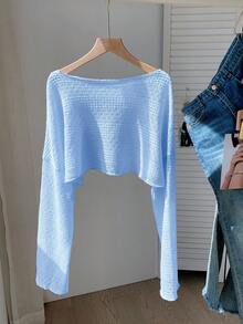 Comfortcana Light Blue Plus Size Women Loose Batwing Long Sleeve Sheer Top