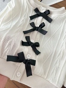 SHEIN Áo len cardigan dệt kim họa tiết nơ thời trang tối giản cho bé gái, Xuân/Thu - trắng - Xem 5