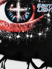 ROMWE MEN Street Life 朋克街头风格图案印花无袖圆领背心，饰有水钻和做旧细节，男士夏季 - 黑色 - 查看 3