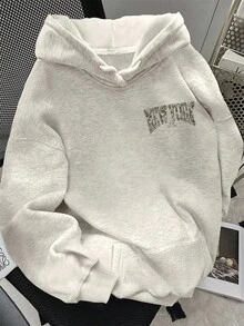 SHEIN 休闲宽松迷彩字母印花落肩抽绳卫衣 - 淺灰色 - 查看 2