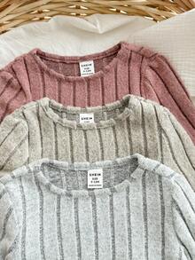 SHEIN 3件套可爱休闲纯色长袖针织上衣，适合女婴 - 彩色 - 查看 7