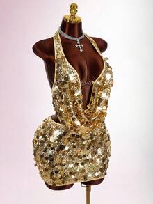 Amplova Conjunto de 2 peças plus size feminino, cor sólida, com decote drapeado e minissaia justa, sexy e moderno - Ouro - Ver 4