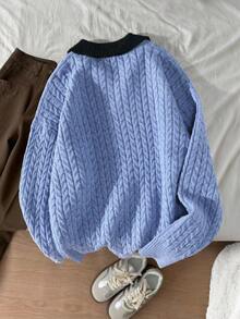 Claim Dot 男式撞色边马球领休闲百搭长袖套头毛衣 - 藍色 - 查看 2