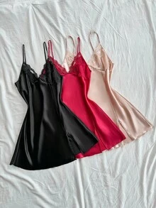 SHEIN 3pcs/Set Women Embroidered Lace Sexy Nightgown Combination Set Satin Sleep Dress Lace Sleep Dress Satin Lingerie Sleepwear