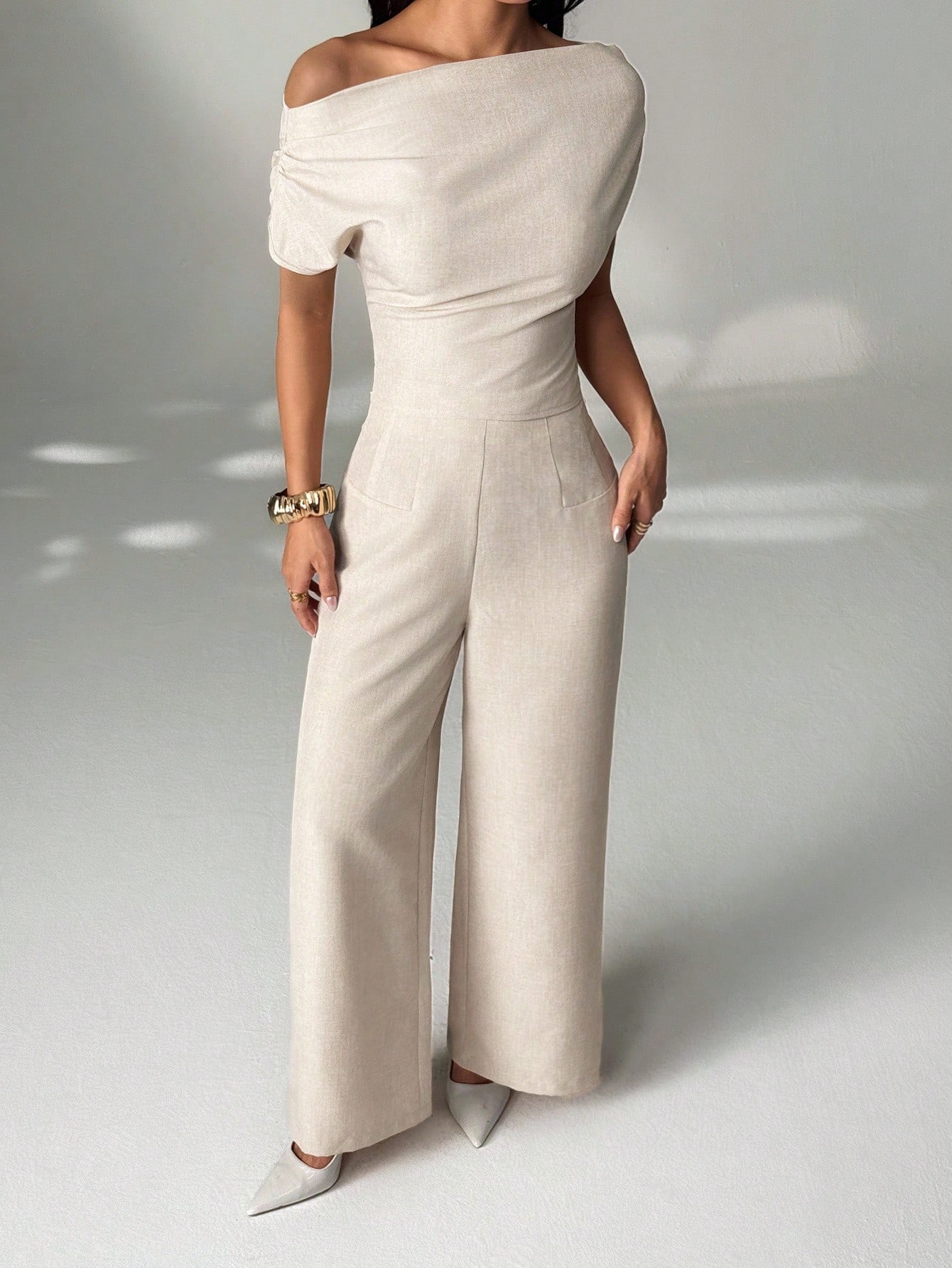 SHEIN PETITE بدلة نسائية صيفية جديدة بسيطة وأنيقة...