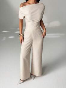 SHEIN PETITE Women's Summer New Arrival Simple Elegant Daily Casual Linen Commuter Wide Collar Off Shoulder Blouse And Wide Leg Pants Suit - Apricot - View 10