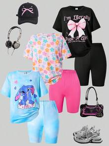 女孩休闲卡通樱桃、草莓、蝴蝶印花多件套，适合居家或春夏外出甜美造型 - 彩色 - 查看 3