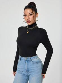 INAWLY High Neck Slim Fit Basic Tee Fall Cloth For Women - Black - View 5