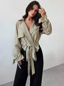 Firerie Abrigo corto de gabardina con cinturón de mujer, casual y elegante, adecuado para negociaciones de negocios, temporada de vuelta al colegio, ir y venir/ropa de maestra/ropa de oficina/ropa de ocio/ropa de mujer para otoño/ropa de invierno de mujer/ropa de mujer elegante de otoño