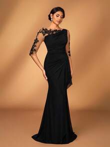 Serin 优雅奢华刺绣蕾丝透明长袖弹力针织网眼褶饰荷叶边美人鱼下摆连衣裙，适合婚礼、派对、度假、庆典、新娘送礼会