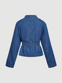 SHEIN MOD 新款秋季女式时尚长袖系带双排扣牛仔夹克，通勤百搭 - 深色水洗藍 - 查看 2