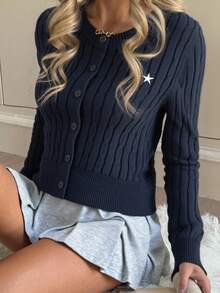 Teen Girls Royal Blue Casual Solid Color Round Neck Long Sleeve Loose Cropped Cardigan Sweater, Warm Comfort, Cozy Chic, Daily Commute,Suitable For Autumn And Winter Blue Sweater Navy Blue Sweater Cable Knit Cardigan Star Cardigan Navy Blue Cardigan Blue Cardigan Sweater Women Navy Cardigan Navy Blue Button Cardigan Sweaters For Teen Girl Sweater Cardigan Fall