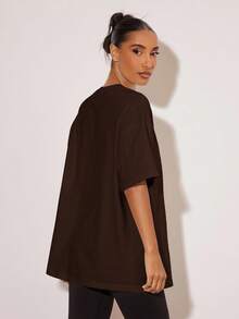 SHEIN BASICS Áo thun nữ dáng rộng cổ đứng màu trơn, dáng rộng, thường ngày - màu nâu - Xem 2