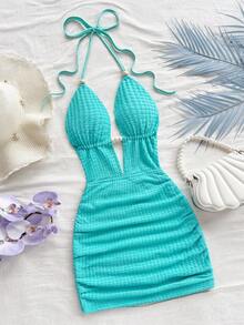 Soleia 女式纯色细肩带深V领褶饰性感迷你连衣裙 - 水鴨藍 - 查看 1