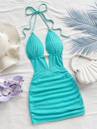 Soleia 女式纯色细肩带深V领褶饰性感迷你连衣裙