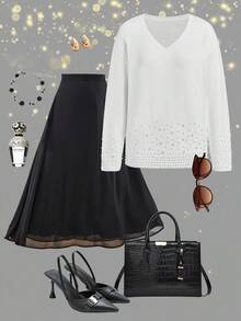 Ellevyn Suéter feminino elegante de cor sólida, decote em V, manga comprida, com detalhes em pérolas, adequado para várias ocasiões no outono/inverno - Branco - Ver 7