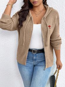 SHEIN Plus Size Women Zipper Hooded Embroidered Lucky Heart Elegant Cardigan Sweater Fall Winter Cloth For Women Autumn