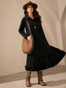 Wildy 美式乡村风休闲教师女装办公室衬衫连衣裙黑色开衫长袖新款秋季长款荷叶边下摆连衣裙 - 黑色 - 查看 5