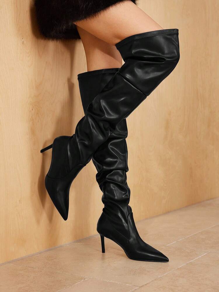POINTED TOE SLIM HIGH HEEL ANKLE BOOTS, ELASTIC SLIP-ON FOR WOMEN