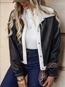 SHEIN Clasi Jachetă casual din fleece cu umeri căzuți, cu nasturi, pentru femei, toamnă/iarnă - Negru - Vizualizare 2