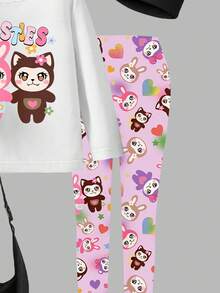 返校季女童休闲时尚街头风创意卡通可爱兔子彩色字母标语印花短袖T恤和打底裤两件套，秋冬儿童打底裤套装，女童卡通套装，女童可爱套装，女童舒适套装，女童秋季卫衣套装 - 彩色 - 查看 7