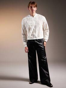 FeverCity 男士花卉印花拉链休闲棒球夹克，秋冬 - 米色 - 查看 5