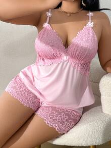 SHEIN Plus Size Lace Patchwork Elastic Knit Sexy Backless Camisole & Shorts Pajama Set - Baby Pink - View 4