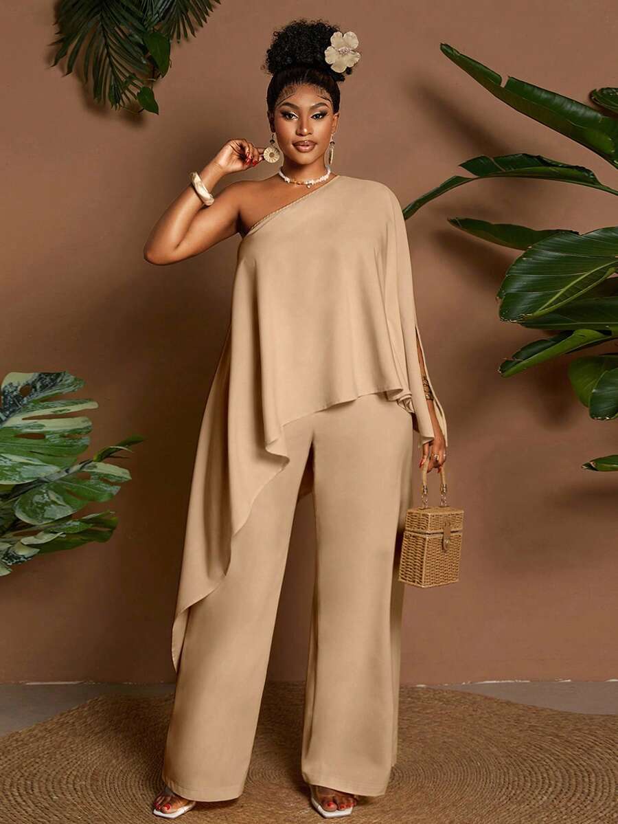 Maweii 大码两件套：不对称下摆宽松休闲度假上衣和短裤，黄色 - 卡其色 - 查看 1