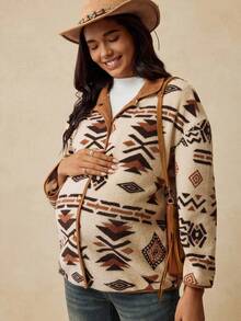 Boho Mama 孕妇休闲复古西部几何图案夹克，秋冬 - 咖啡棕 - 查看 6