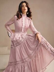 Anewsta Elegant Stand Collar Ruffled Lace Patchwork Romantic Pleated Slim Fit Dress, Suitable For Festival, Wedding Guest, Autumn, Fall, Winter, Going Out, Elegant, Formal, Chic, New Year, Christmas, Work, Graduation, Wedding