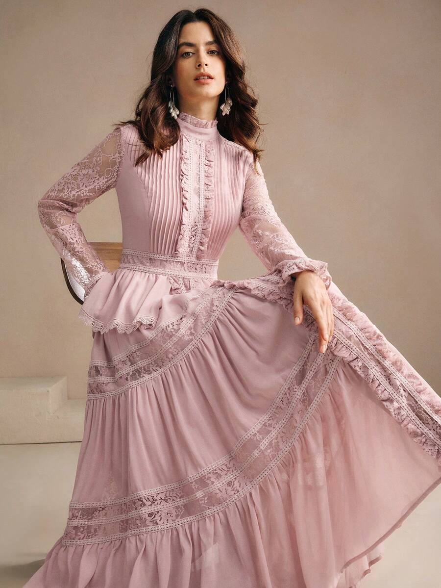 Anewsta Elegant Stand Collar Ruffled Lace Patchwork Romantic Pleated Slim Fit Dress, Suitable For Festival, Wedding Guest, Autumn, Fall, Winter, Going Out, Elegant, Formal, Chic, New Year, Christmas, Work, Graduation, Wedding