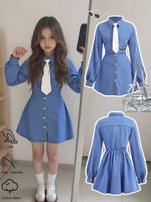 SHEIN Mädchen Denim Hemdkleid mit Schleifen-Kragen