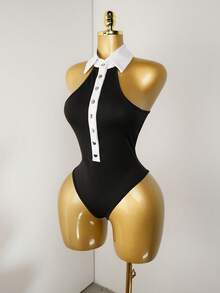 Mistrie Women Sexy Colorblock Sleeveless Bodysuit, Suitable For Summer - Black - View 4