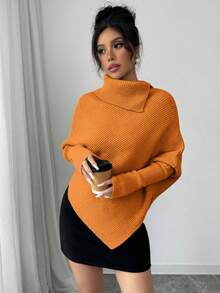 Elenzga 女式不对称蝙蝠翼下摆纯色高领经典针织毛衣，时尚百搭，适合秋冬季节度假穿着 - 黃色 - 查看 3