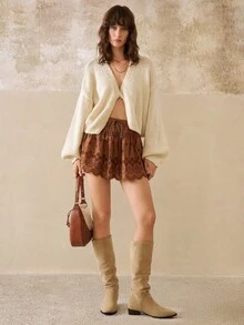 Cévolie Brown Hollow Lace Patchwork Elastic Waist Faux Drawstring Mini Skirt