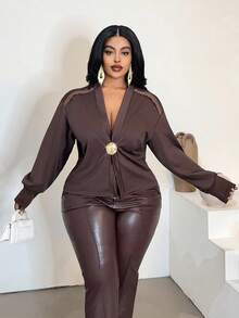 Maweii Plus Size Jacket Cardigan Thin Windbreaker, Detachable Metal Button Decor, Loose Streetwear Casual Everyday Commute Long Sleeve Coat, Autumn/Winter - Brown - View 3