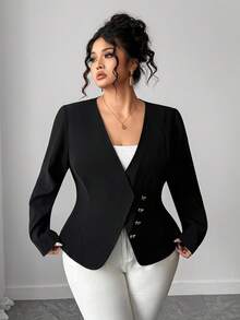 Elenzga Plus Size Women's Butterfly Decor Button Oblique Zipper Jacket Fall Winter Cloth For Women Autumn - Black - View 3