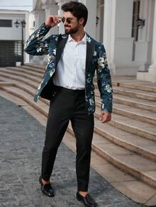 Manfinity AFTRDRK 花卉图案休闲商务通勤长袖男士西装外套 - 綠色 - 查看 3