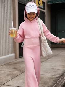 Hanevo Tween Girl Hooded Zip-Up Sweatshirt And High Waisted Thermal Lined Pants Jumpsuit - Pink - View 6