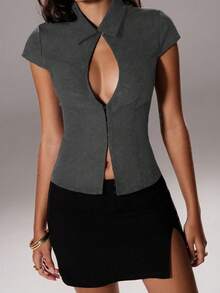 TRNVIE 夏季优雅通勤女士镂空性感纽扣领办公室美人鱼风格短袖衬衫 - 深灰色 - 查看 4