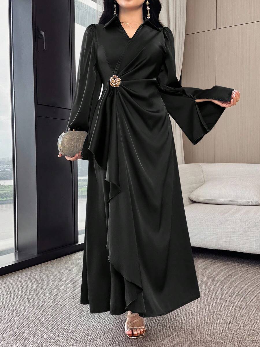 Modelyn 女式优雅花卉纽扣喇叭袖连衣裙，秋季 - 黑色 - 查看 1