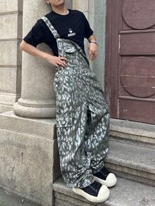 Manfinity EMRG 男士时尚金属印花牛仔背带裤 - 橄欖綠 - 查看 7