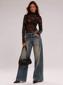 SHEIN BAE Women's Sexy Elegant Stand Collar Lace Sheer Fitted Bodysuit,Black Lace Long-Sleeved Bodysuit,Club Tops, Party Tops, See-Through Tops, Date Tops, Lace Tops,Night Out Tops, Sexy Tops - Black - View 5