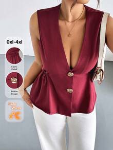 Firerie Chaqueta sin mangas con cuello en V profundo estilo francés retro de primavera y otoño, con 2 botones metálicos asimétricos, diseño de cintura plisada, bolsillos, tela de textura de bambú morado, adecuada para el Día de San Valentín, conciertos, actuaciones, citas, cenas formales, galas, bodas, sexy, elegante, viajes al trabajo, vuelta al colegio, vacaciones, playa, oficina, estilo sirena, fiesta de cumpleaños