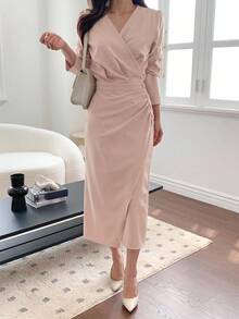 DAZY Women V-Neck Waist Cinched Mid-Length Shirt Dress