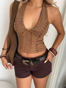 Aloruh Bohemian Deep V-Neck Lace-Up Suede Blouse Sexy - Brown - View 2