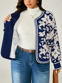 EMERY ROSE Plus Size Floral Print Casual Jacket Winter Fall Autumn - Black - View 7